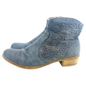 Rieker Blue Leather Ankle Boots Women’s Size 41 US 10 Western Laser Cut